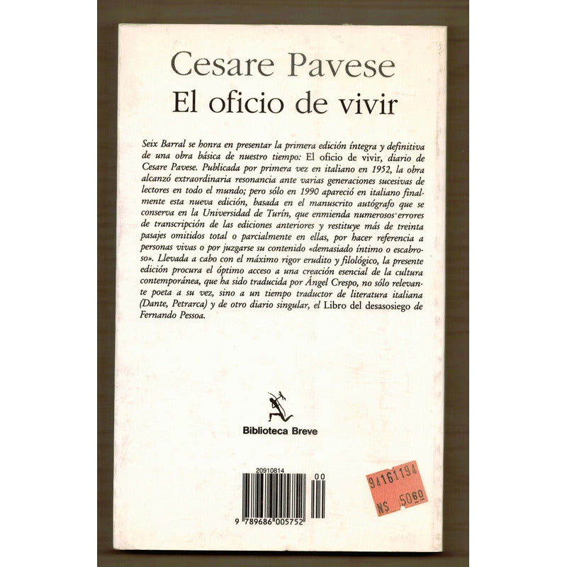 El Oficio De Vivir. Cesare Pavese, Mexico 1993
