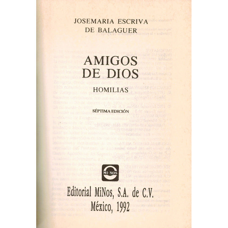 Amigos De Dios -homilias-. Escriva De Balaguer, Mexico 1992