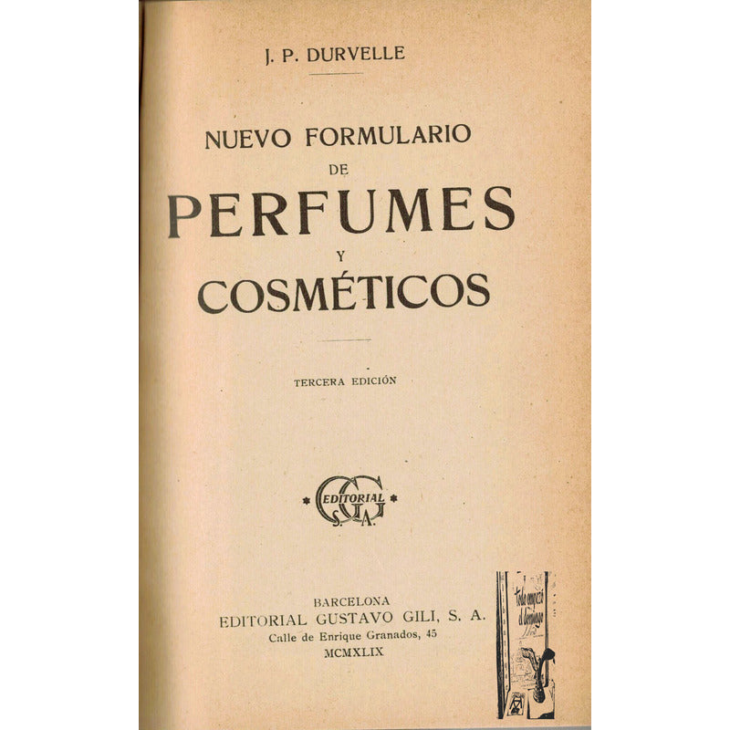Formulario De Perfumes Y Cosmeticos. J P Durvelle