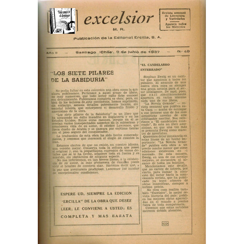 Revista Excelsior: Tschuppik, Lawrence, Kipling, Zweig. 1936