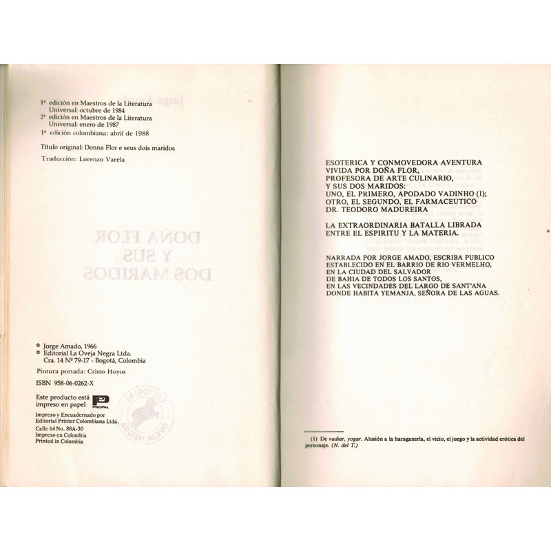 Doña Flor Y Sus Dos Maridos. Jorge Amado, Colombia 1988 (1a)