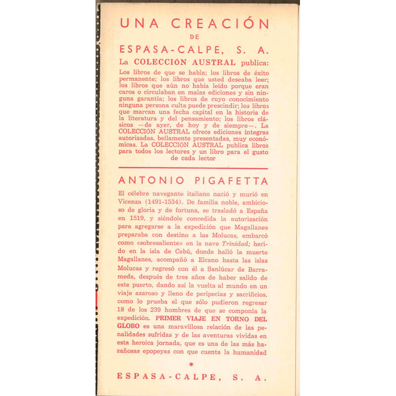 Primer Viaje En Torno Del Globo Antonio Pigafetta España1963
