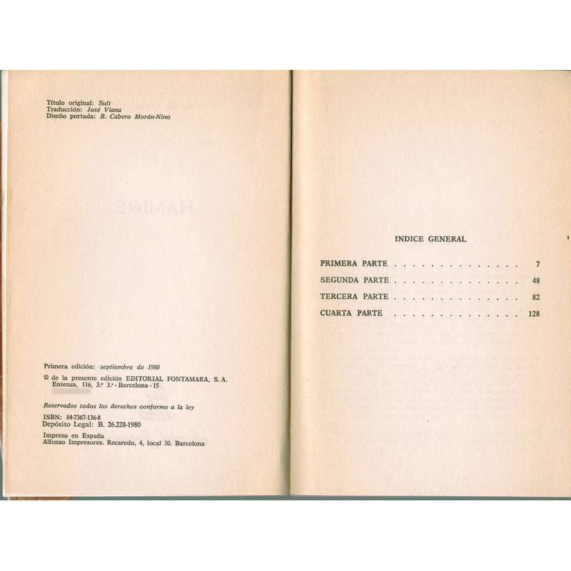 Hambre. Knut Hamsun, España 1980 (premio Nobel 1920)