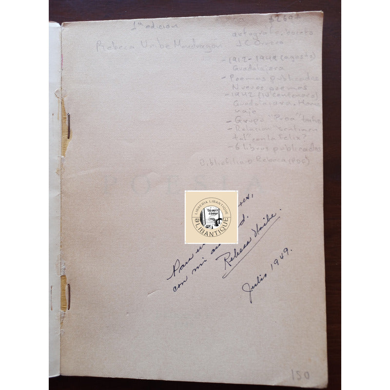 Poesia. Rebeca Uribe, Mexico 1949 (autografo)
