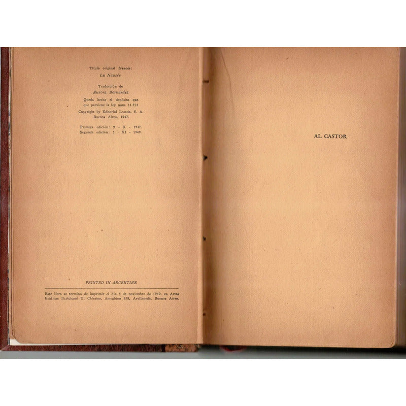 La Nausea. Jean Paul Sartre. Argentina 1949 (autografo)