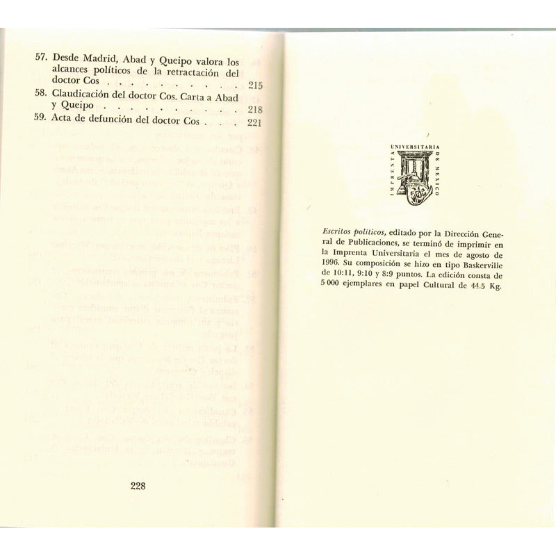 Escritos Politicos. Jose Maria Cos, Mexico 1996