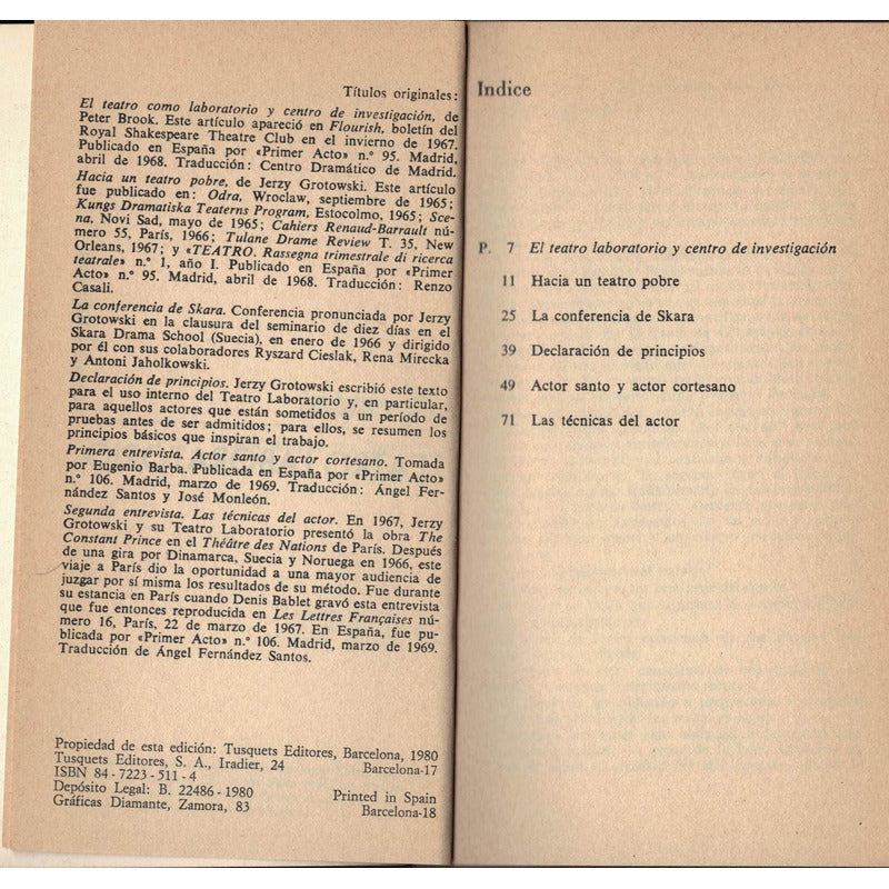 Teatro Laboratorio. Jerzy Grotowski,_tusquets_ed., 1980