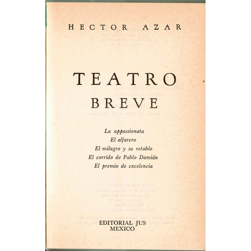 Teatro Breve. Hector Azar, Mexico 1975 (1a) Autografo