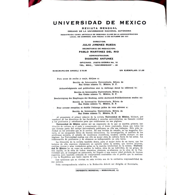 Revista De La Universidad De Mexico #14 1931