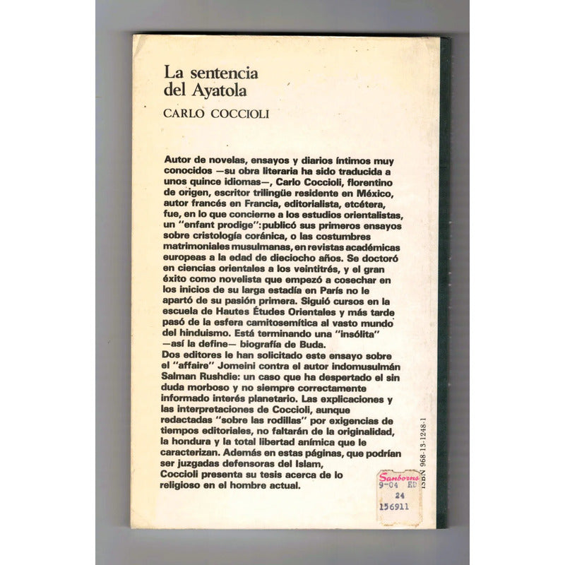 La Sentencia Del Ayatola. Carlo Coccioli, Mexico 1989 (1a)