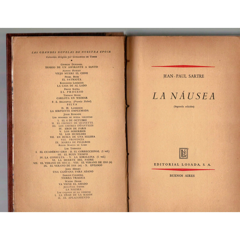 La Nausea. Jean Paul Sartre. Argentina 1949 (autografo)