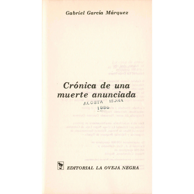 Cronica De Una Muerte Anunciada. G Garcia Marquez (1a)