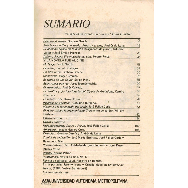 Intolerancia, Revista De Cine. 1984 #5