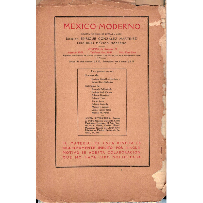 Mexico Moderno. Enrique Gonzalez Martinez, Mexico 1921