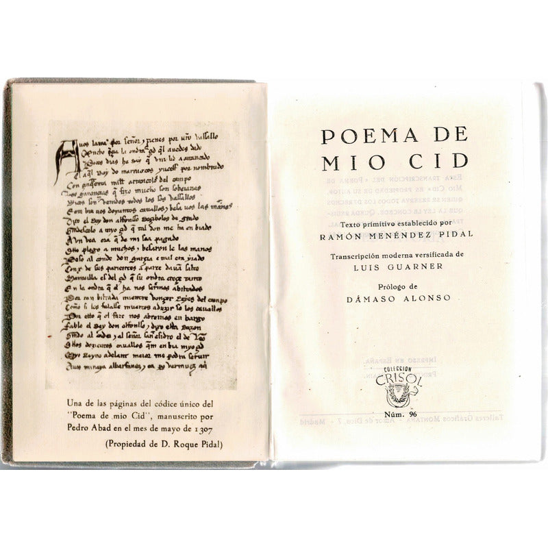 Poema De Mio Cid. Menendez Pidal, (crisol Piel)