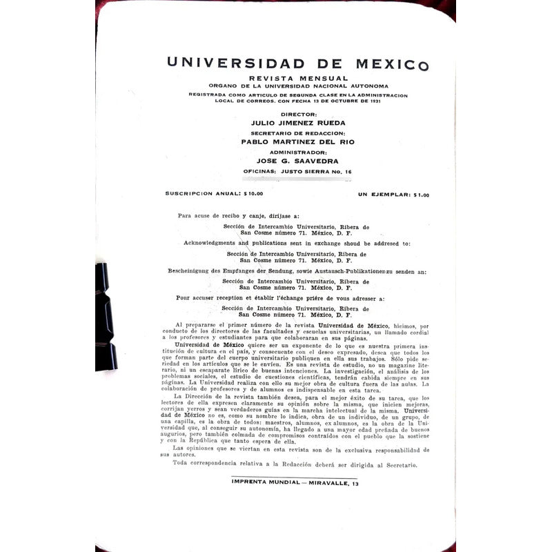 Revista De La Universidad De Mexico #19 1932