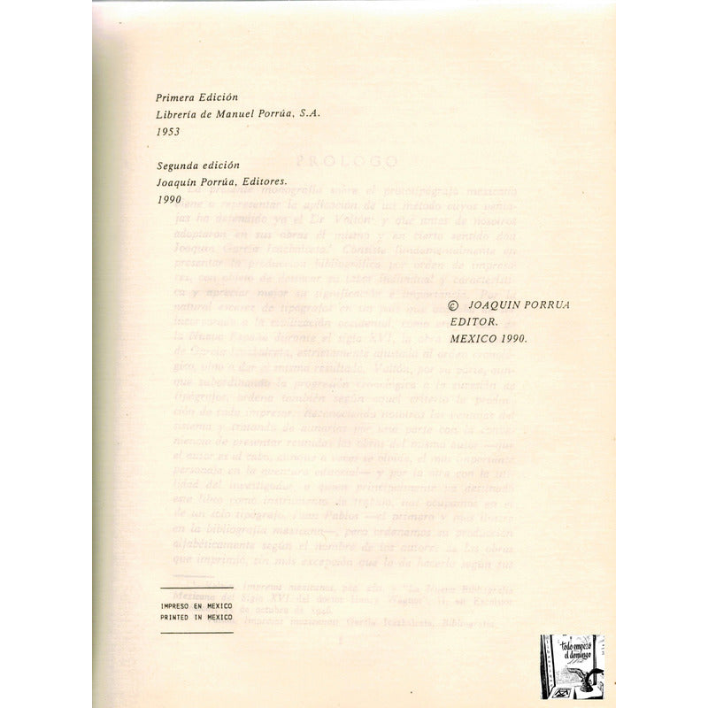 Juan Pablos, Primer Impresor.. Millares Carlo, Mexico 1990