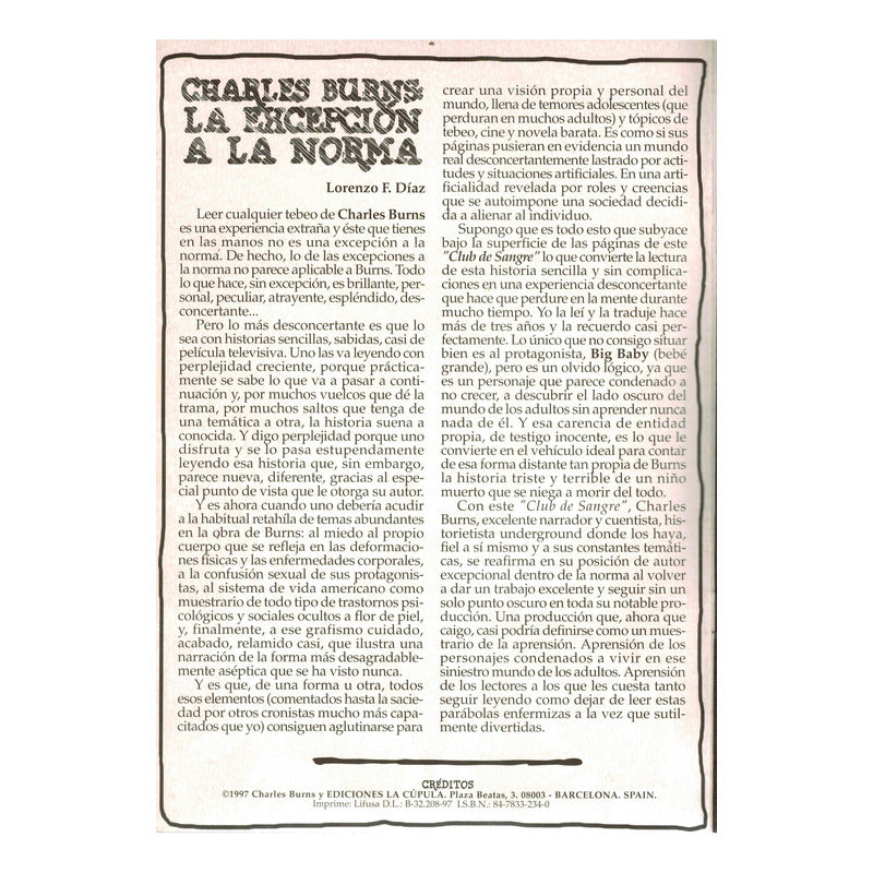 Club De Sangre. Charles Burns, Brut Comix, La Cupula 1997